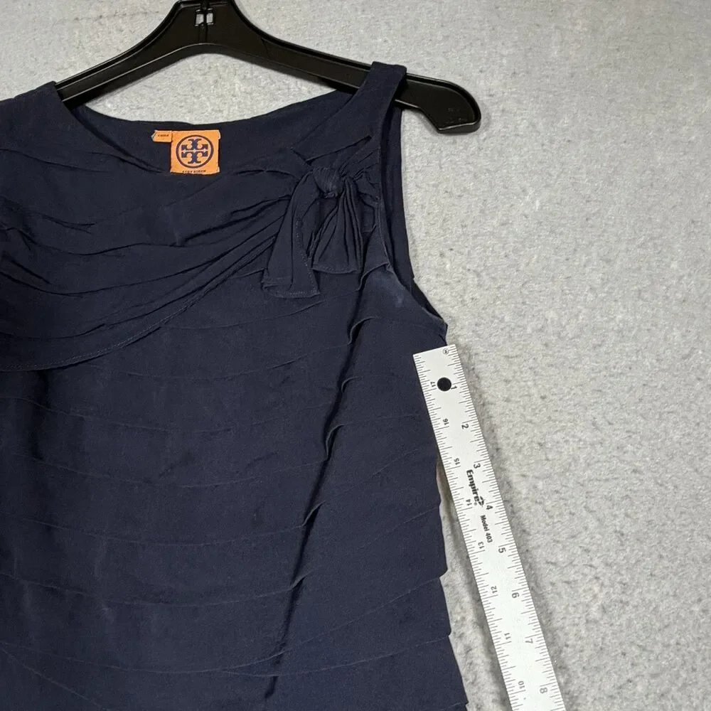 Tory Burch Waltraud Silk Tiered Bow Top Women’s Size 6 Navy Blue Sleeveless